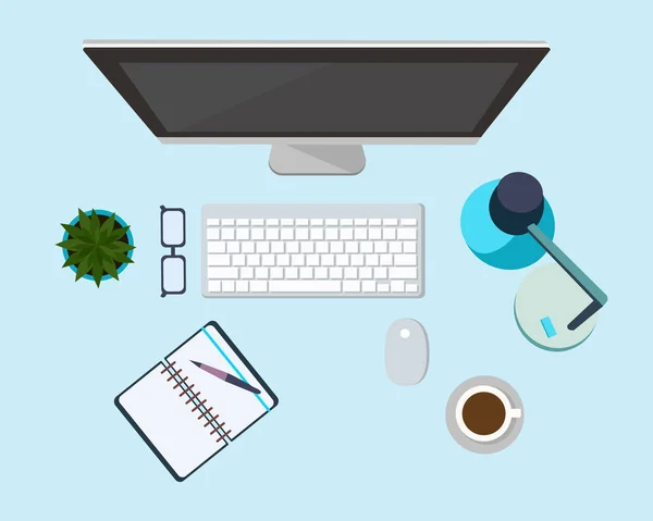 Workplace organization. Computer, glasses, diary and coffee mug.  A business activity. Workplace. Office. Work in a team. Objects lying on a table. The web banner. Desktop  illustration.