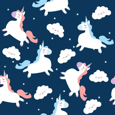 sevimli tek boynuzlu atlar, bulutlar ve yıldızlar ile desen. Küçük tek boynuzlu atlar ile sihirli arka plan. Sevimli el tek boynuzlu at desen çizilmiş.