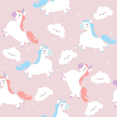 sevimli tek boynuzlu atlar, bulutlar ve yıldızlar ile desen. Küçük tek boynuzlu atlar ile sihirli arka plan. Sevimli el tek boynuzlu at desen çizilmiş.