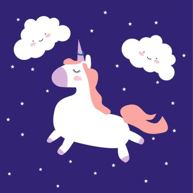 Küçük tek boynuzlu atlar ile sihirli arka plan. Sevimli el tek boynuzlu at illüstrasyon çizilmiş.