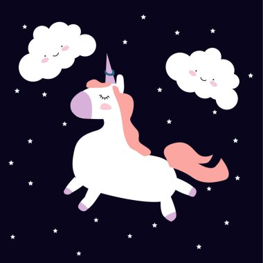 Küçük tek boynuzlu atlar ile sihirli arka plan. Sevimli el tek boynuzlu at illüstrasyon çizilmiş.