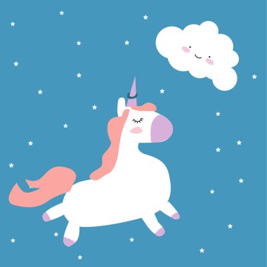 Küçük tek boynuzlu atlar ile sihirli arka plan. Sevimli el tek boynuzlu at illüstrasyon çizilmiş.