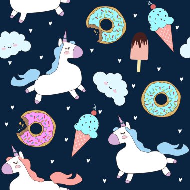 sevimli tek boynuzlu atlar, bulutlar, donut ve dondurma ile desen. Küçük tek boynuzlu atlar ile sihirli arka plan. Sevimli el tek boynuzlu at desen çizilmiş. 