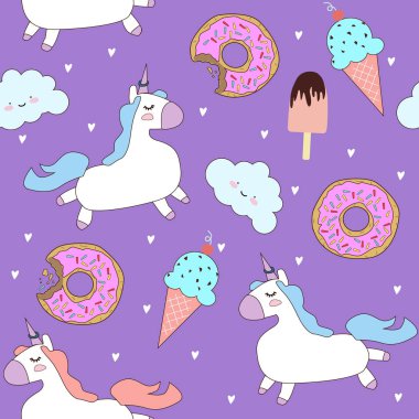 sevimli tek boynuzlu atlar, bulutlar, donut ve dondurma ile desen. Küçük tek boynuzlu atlar ile sihirli arka plan. Sevimli el tek boynuzlu at desen çizilmiş. 