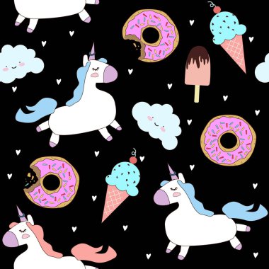 sevimli tek boynuzlu atlar, bulutlar, donut ve dondurma ile desen. Küçük tek boynuzlu atlar ile sihirli arka plan. Sevimli el tek boynuzlu at desen çizilmiş. 