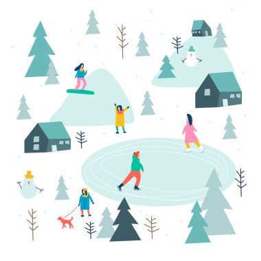 Kar ormanlarında kayak yapan ve snowboard yapan insanlarla kayak yapmak. Kış sezonu arkaplan insanları düz tasarım