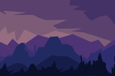 Dağların, tepelerin ve ormanların siluetleri ile peyzaj. 