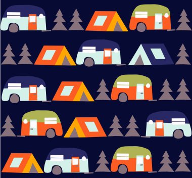  aktif gençlerin stilize illüstrasyon. Ormanda çadırlarla kampanya. Yaz sezonu arka plan insanlar illüstrasyon düz tasarım