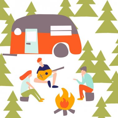  aktif gençlerin stilize illüstrasyon. Ormanda çadırlarla kampanya. Yaz sezonu arka plan insanlar illüstrasyon düz tasarım