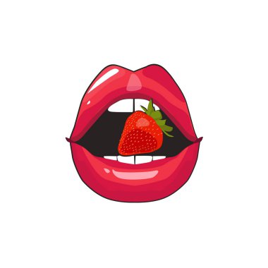Kırmızı dudaklar ısıran retro simgesi izole. Pop art kavramı kadın ağız simgesi ile temsil. 