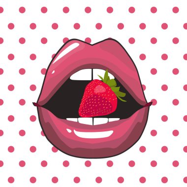 Kırmızı dudaklar ısıran retro simgesi izole. Pop art kavramı kadın ağız simgesi ile temsil. 