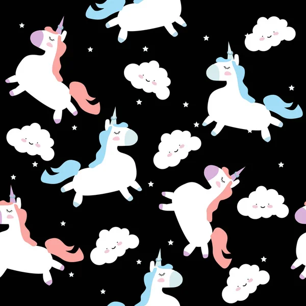 sevimli tek boynuzlu atlar, bulutlar ve yıldızlar ile desen. Küçük tek boynuzlu atlar ile sihirli arka plan. Sevimli el tek boynuzlu at desen çizilmiş.