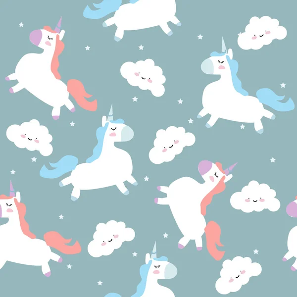 pattern with cute unicorns, clouds and stars. Magic background with little unicorns. Cute hand drawn unicorn pattern.
