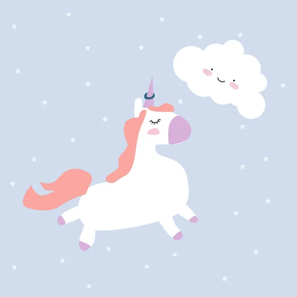 Magic background with little unicorns. Cute hand drawn unicorn  illustration.