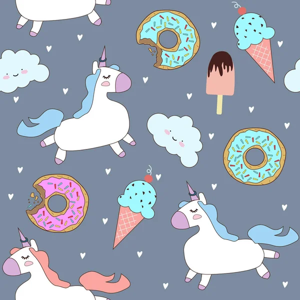 pattern with cute unicorns, clouds, donuts and ice cream. Magic background with little unicorns. Cute hand drawn unicorn pattern.