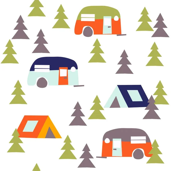 Illustrazione Stilizzata Dei Giovani Attivi Campagna Con Tende Nella Foresta — Foto Stock