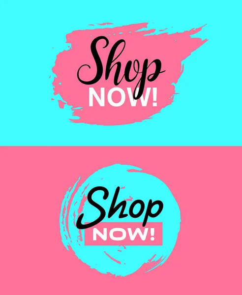 Vector Shop Ahora Banners Colección Concepto Rosa Azul Ilustraciones — Archivo Imágenes Vectoriales