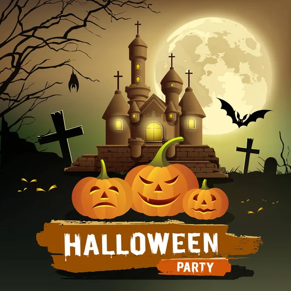 Happy Halloween Party Bericht Pompoen Vleermuis Ontwerpconcept Maan Nacht Achtergrond — Stockvector