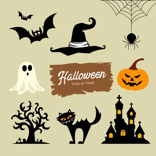 Happy Halloween Collection Pumpkin Bat Cat Ghost Tree Benchmark Spider — стоковый вектор