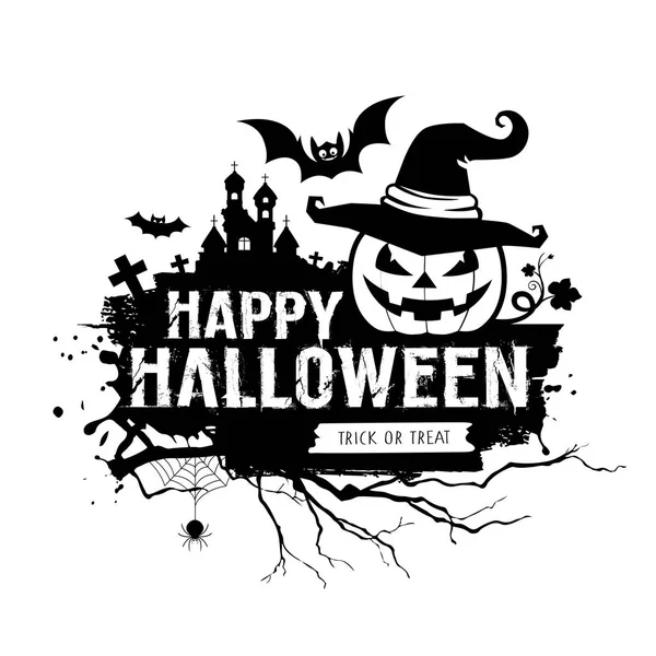 Buon Halloween Messaggio Bianco Nero Cappello Zucca Pipistrello Sfondo Design — Vettoriale Stock