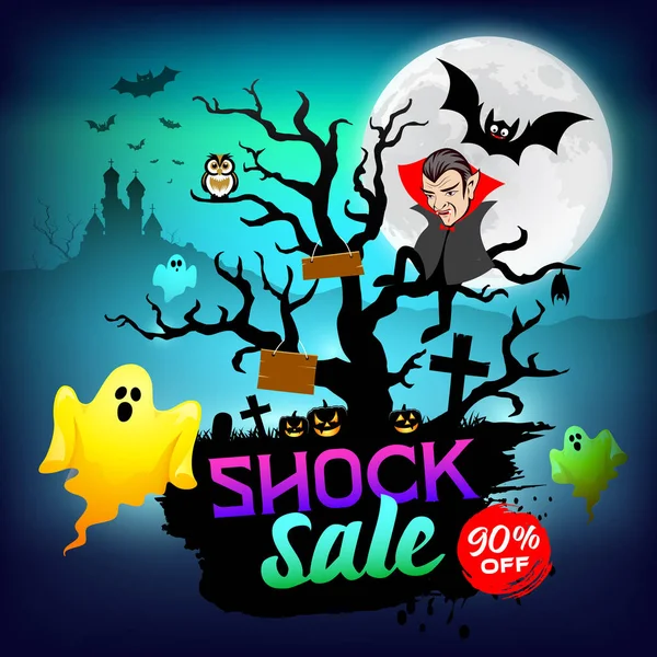 Happy Halloween Dracula Ghost Shock Sale Concept Design Tree Background — стоковый вектор