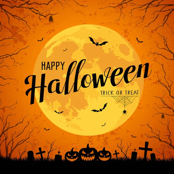 Feliz Halloween Mensagem Amarela Lua Cheia Morcego Árvore Com Fundo — Vetor de Stock