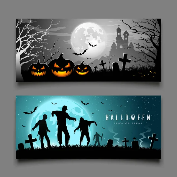 Joyeux Halloween Citrouille Zombies Bannières Horizontal Collections Fond Conception Illustrations — Image vectorielle