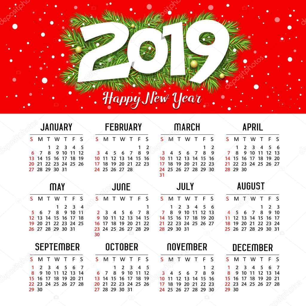 Calendar new year 2019, red design template design background, vector illustration