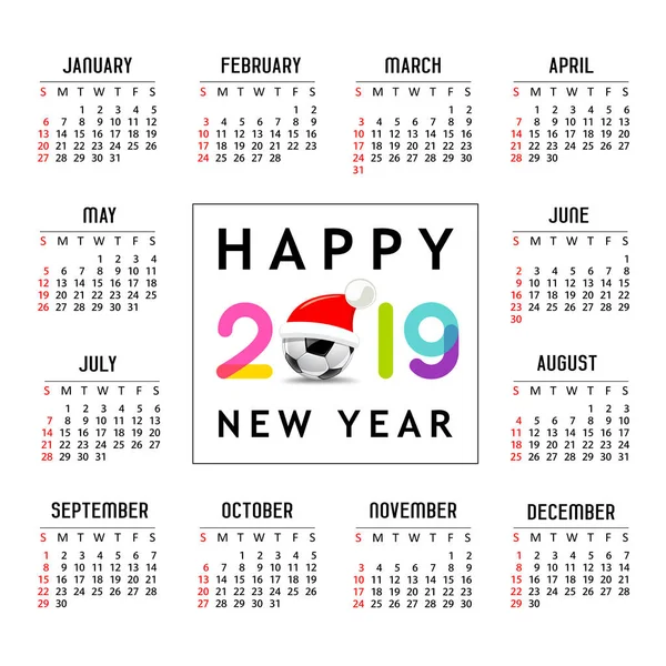 Kalendář Nový Rok 2019 Santa Klobouk Fotbalový Míč Šablony Návrhu — Stockový vektor