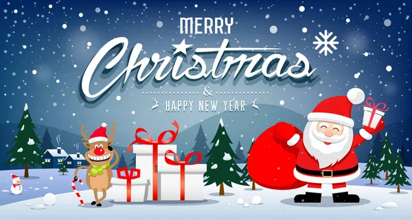 メリー クリスマス バナー サンタ クロースとトナカイ スノーフレーク ブルーの背景 ベクトル図に笑顔します — ストックベクタ