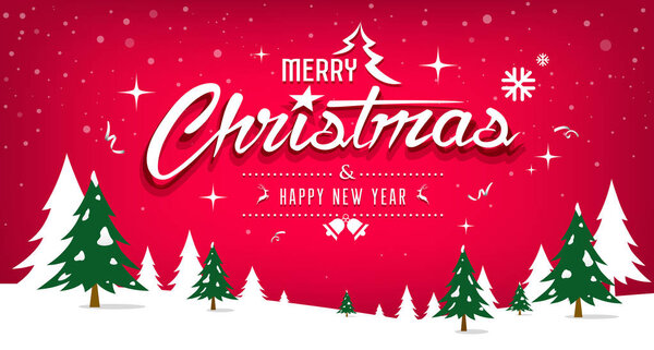 Feliz Navidad Árbol Diseño Nieve Sobre Fondo Rojo Ilustración Vectorial — Vector de stock