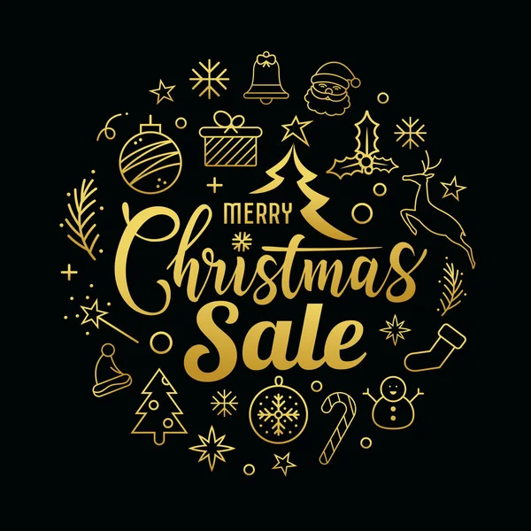 Χαρούμενα Χριστούγεννα Πώληση Μήνυμα Σχήμα Χρυσό Κύκλο Εικονιδίων Μαύρο Φόντο — Διανυσματικό Αρχείο