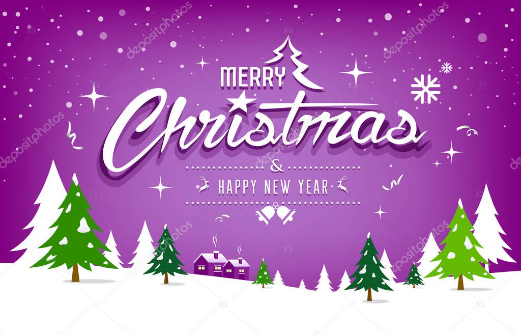 Merry Christmas, tree and snow design on purple background, vector illustration