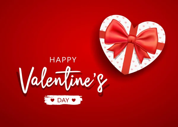 Frohe Valentinstag Botschaft Mit Geschenkbox Herzform Und Roter Schleife Vektorillustration — Stockvektor