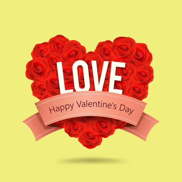 情人节快乐红玫瑰心脏形状和粉红色丝带设计在黄色背景 向量例证 — 图库矢量图片