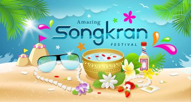Tayland Songkran Festivali yaz deniz arka plan üzerinde şaşırtıcı, illüstrasyon vektör