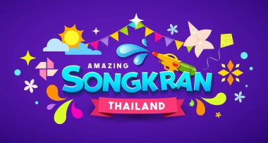Mutlu Songkran Tayland festival ileti renkli tasarım arka planını şaşırtıcı, illüstrasyon vektör