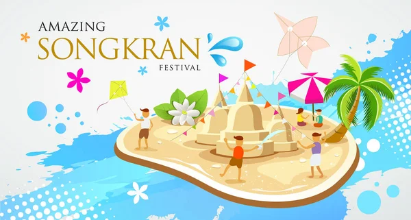 Tayland Festivali Songkran kum pagoda ve uçurtma çocuklu su sıçrama arka plan, vektör çizim üzerinde su tasarımında oynuyorlar