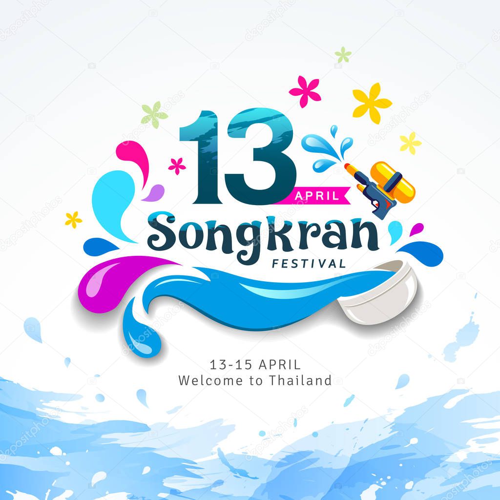 Amazing Happy Songkran festival sign of Thailand design water splash background, vector illustration