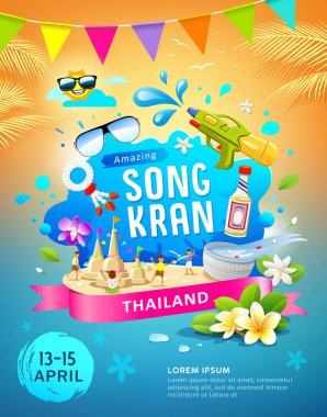 Songkran Festivali Tayland bu yaz renkli poster tasarım arka plan şaşırtıcı, illüstrasyon vektör