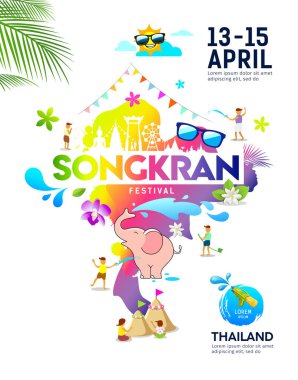 Amazing Songkran Festival fikirler harita Tayland renkli poster tasarım, vektör illüstrasyon