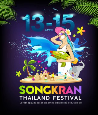 Renkli şaşırtıcı Songkran Tayland festival su sıçrama yaz poster tasarım arka plan. vektör çizim