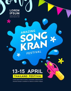 Songkran Tayland silah siyah arka plan, illüstrasyon vektör ve su sıçrama poster tasarımı