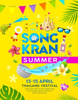 Mutlu Songkran Tayland yaz Nisan poster vektör, tasarım sarı arka plan, illüstrasyon
