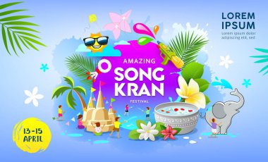 Mutlu şaşırtıcı Songkran festival Tayland vektör illüstrasyon mavi afiş arka plan üzerinde