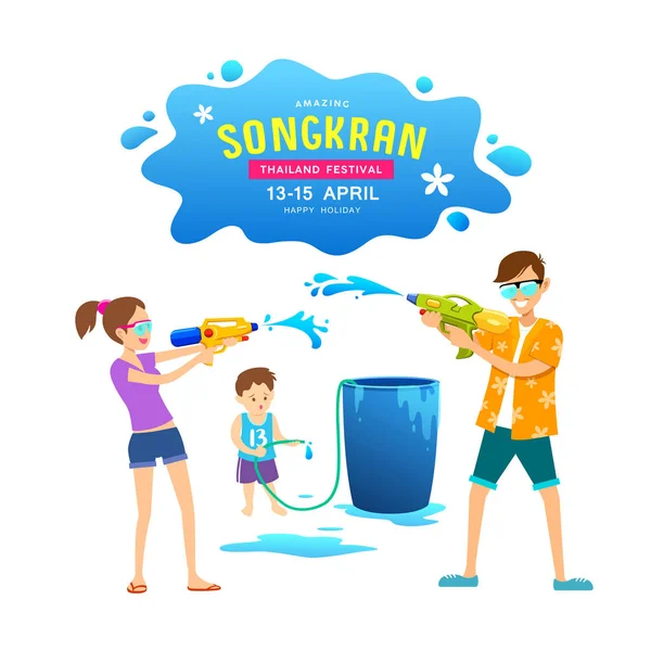 Vector Mannen Vrouwen Kinderen Spelen Water Geweren Happy Songkran Dag — Stockvector