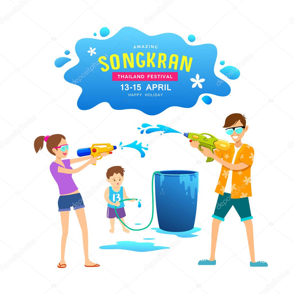 Vector men, women and children playing water guns on Happy Songkran Day, Thailand illustration