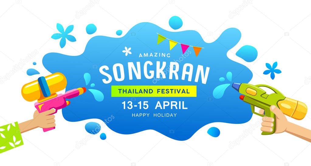 Amazing Happy Songkran Thailand festival gun in hand water splash banners vector design background, illustration
