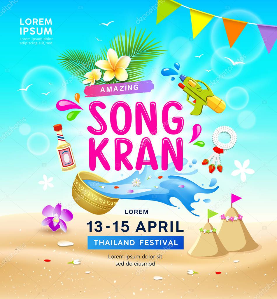 Amazing Songkran travel Thailand festival summer vector, bowl, sand and sea beach background, illustration