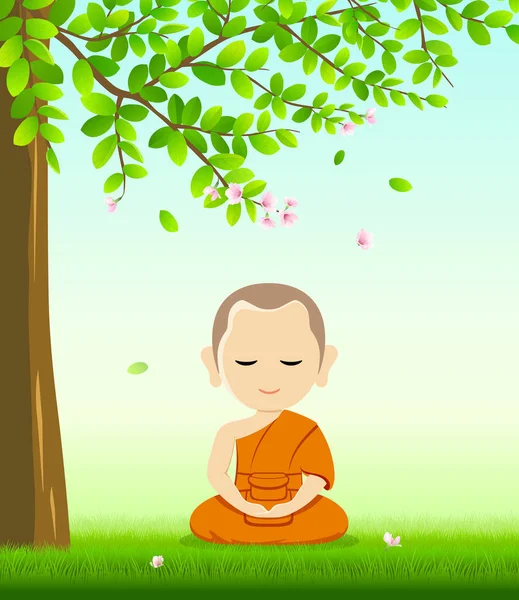 Monk Budizm Meditasyon Vektör Oturup Ağaç Çiçek Arka Plan Altında — Stok Vektör
